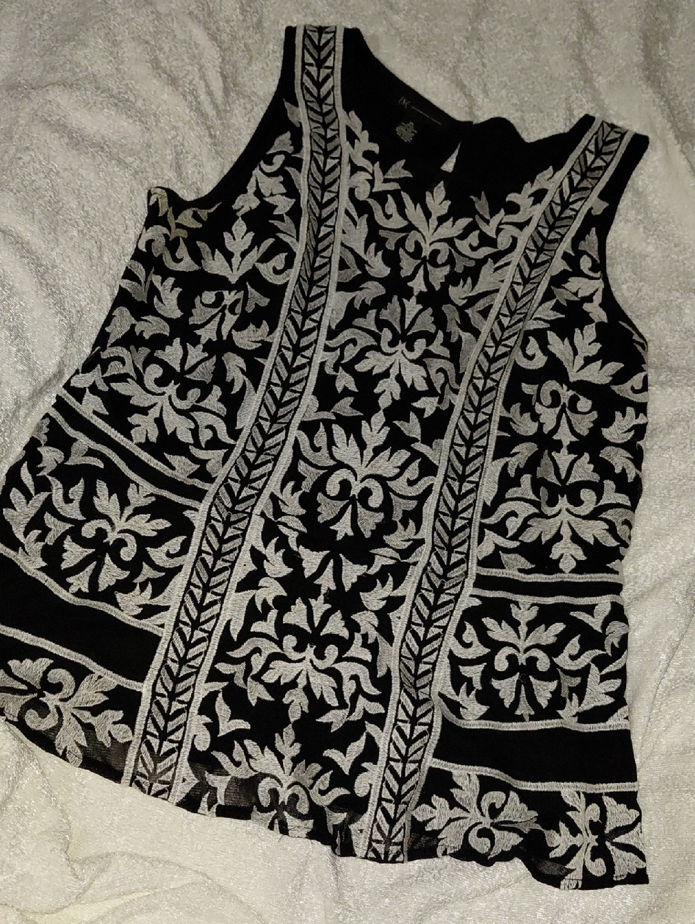INC International Concepts Black Tank with White Jacquard Floral Panels